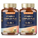 13-in-1 Vitamin B Complex Plus mit Vitamin B1, B2, B3 (Niacin), B4, B5, B6, B7 (Biotin), B8 (Inositol), B9 (Folate), B12, C, D3, K2 für Energie, Nerve, Immune, Haut - 120 Caps pro Flasche - 2 Flaschen
