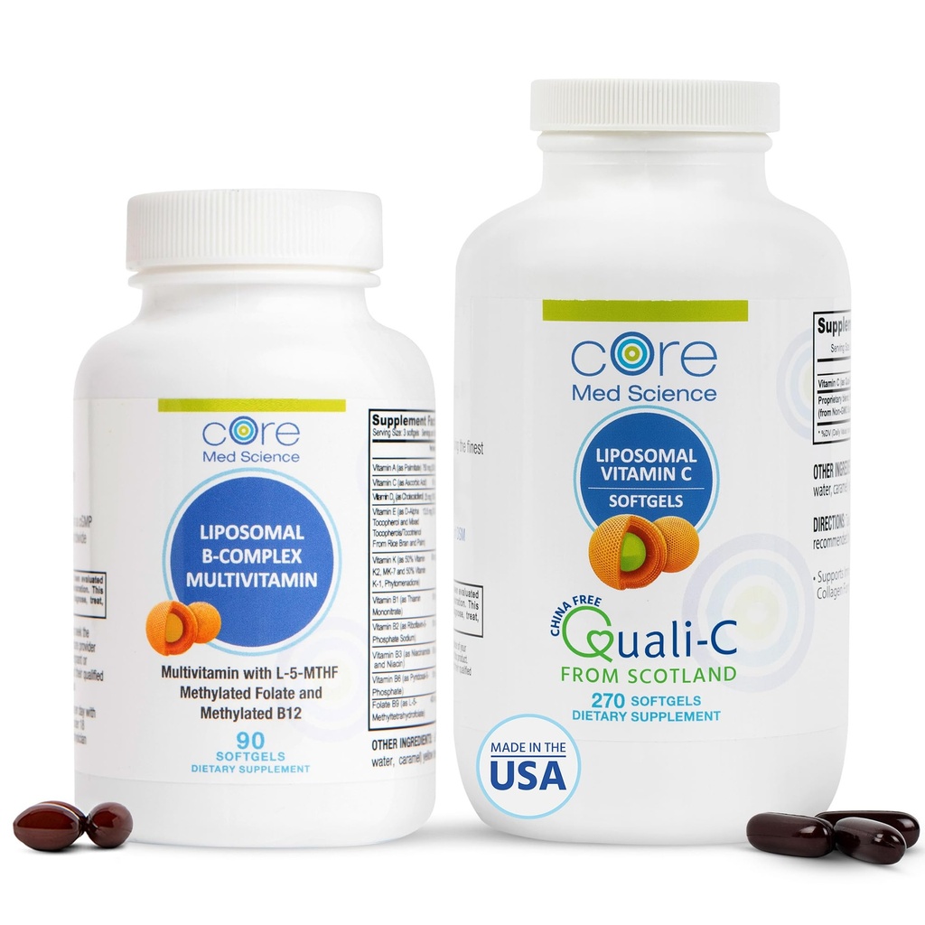 Core Med Science Liposomale Vitamine B-Complexe et vitamine C 1000mg Soft Gels Bundle pour la santé cardiaque et système immunitaire