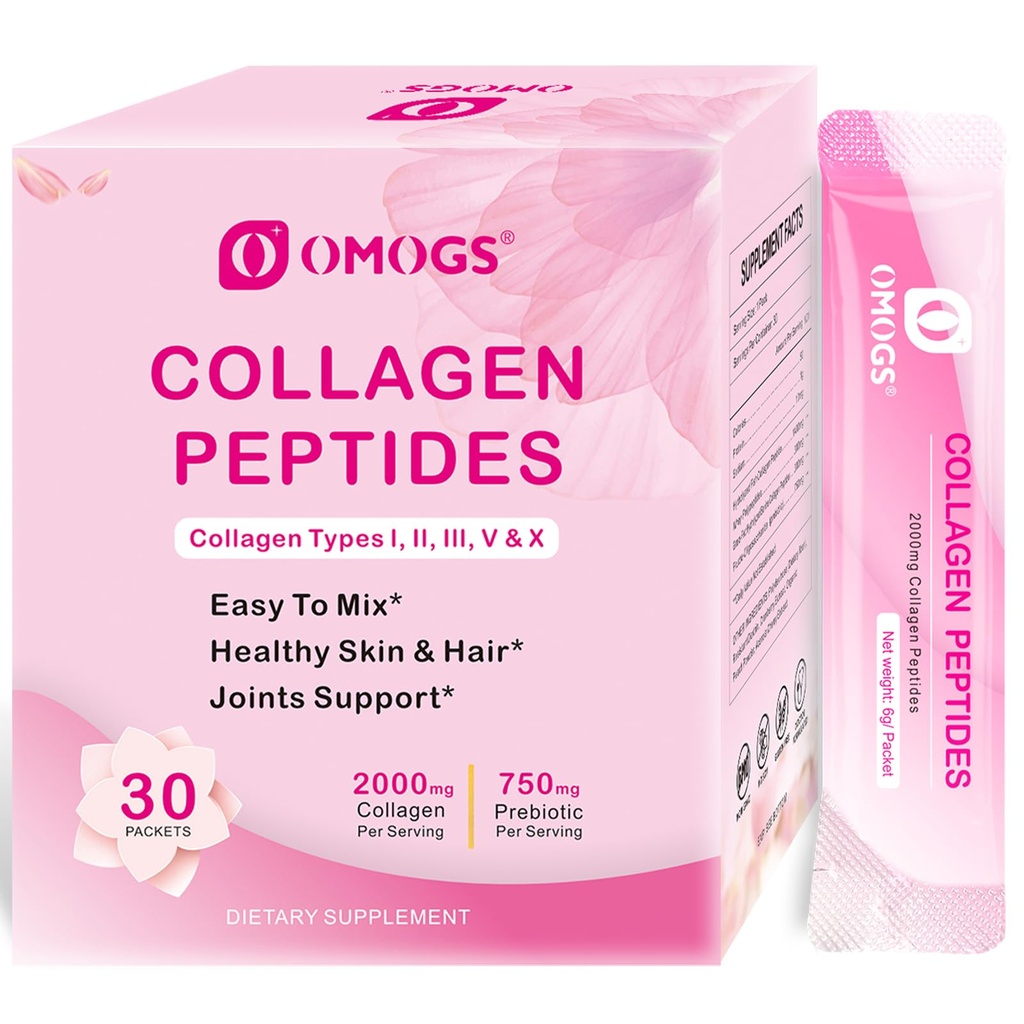OMOGS Collagen Peptide Pulver, mit Präbiotika & Cranberry Extrakt -Hydrolyzed Collagen Peptide unterstützen Haar, Haut, Nagel, Knochen & Verdauungs-Gesundheit, Gras Fed, Non-GMO, für Frauen & Männer
