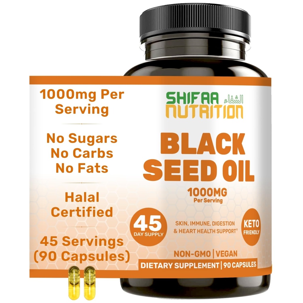 SHIFAA NUTRITION Halal huile de graines noires de 1000mg 45 portions de Nigella Sativa, Kalonji.