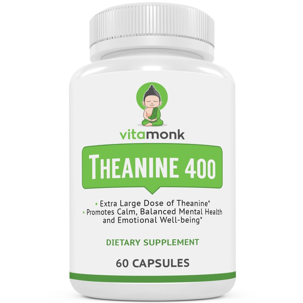 Supplément VitaMonk L Theanine 400mg - L-Theanine 400mg sans remplissage artificiel - Supplément extra-résistance L Theanine - Lthéanine 60 Capsules