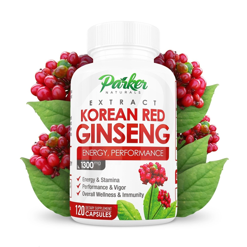 Parker Naturals Extrait de ginseng rouge coréen, 1300mg Extrait avec racine de gingembre et poivre noir, 20% Ginsénoside Supplément de ginseng panax rouge, 120 capsules