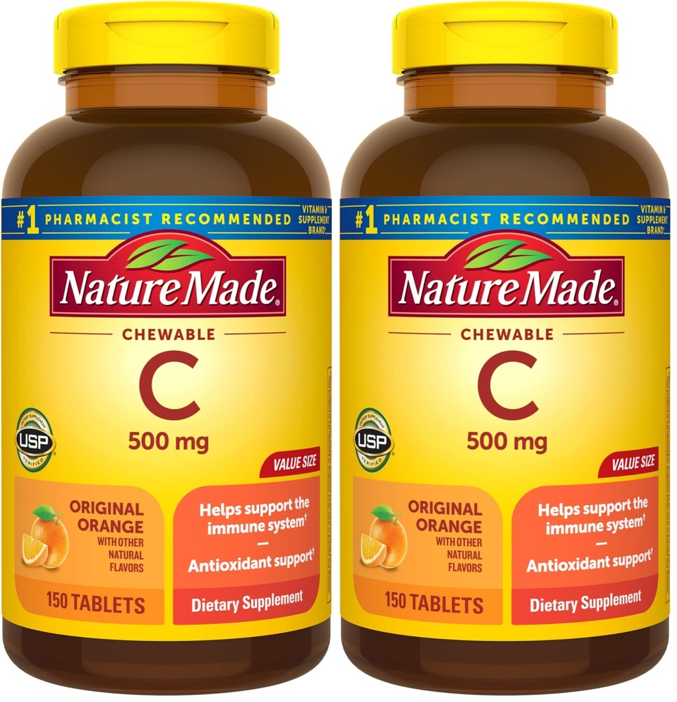 Nature faite de vitamine à croquer C 500 mg, supplément alimentaire de vitamine C pour le soutien immunitaire, 150 comprimés, 150 jours d'approvisionnement (paquet de 2)