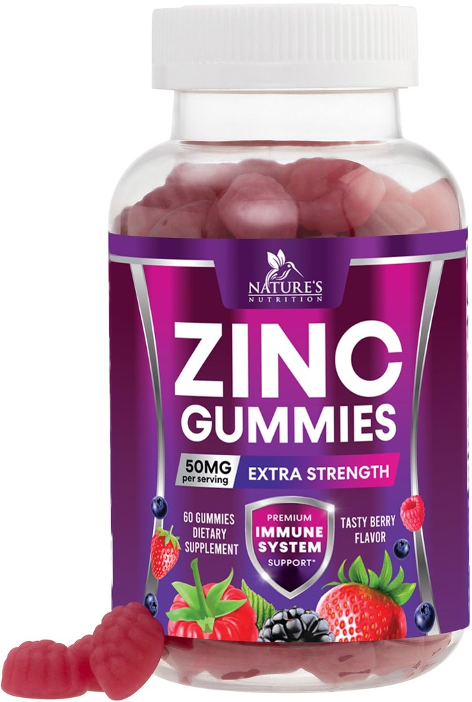 Gommies de zinc 50mg - Skin os et crème de soutien Santé Gummy & Premium Antioxydants Chewable pour les adultes - Haute absorption Vegan, suppléments sans gluten de zinc Vitamine - Saveur de baies savoureux - 60 Gommies