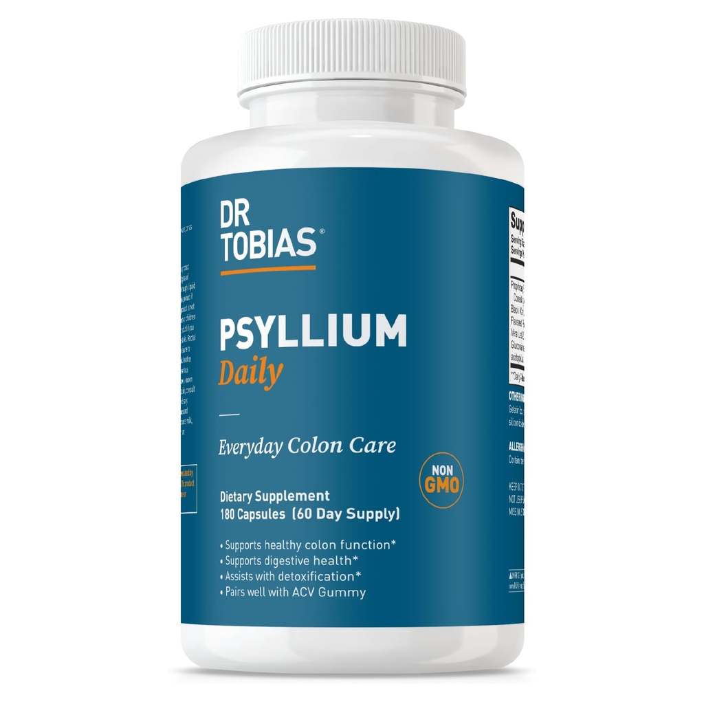 Dr Tobias Psyllium Daily, soutient le mouvement sain Bowel, Psyllium Husk Capsules avec Bentonite Clay, Lin et ingrédients naturels, Supplément de fibre quotidienne pour soutenir la santé de Colon, 180 capsules