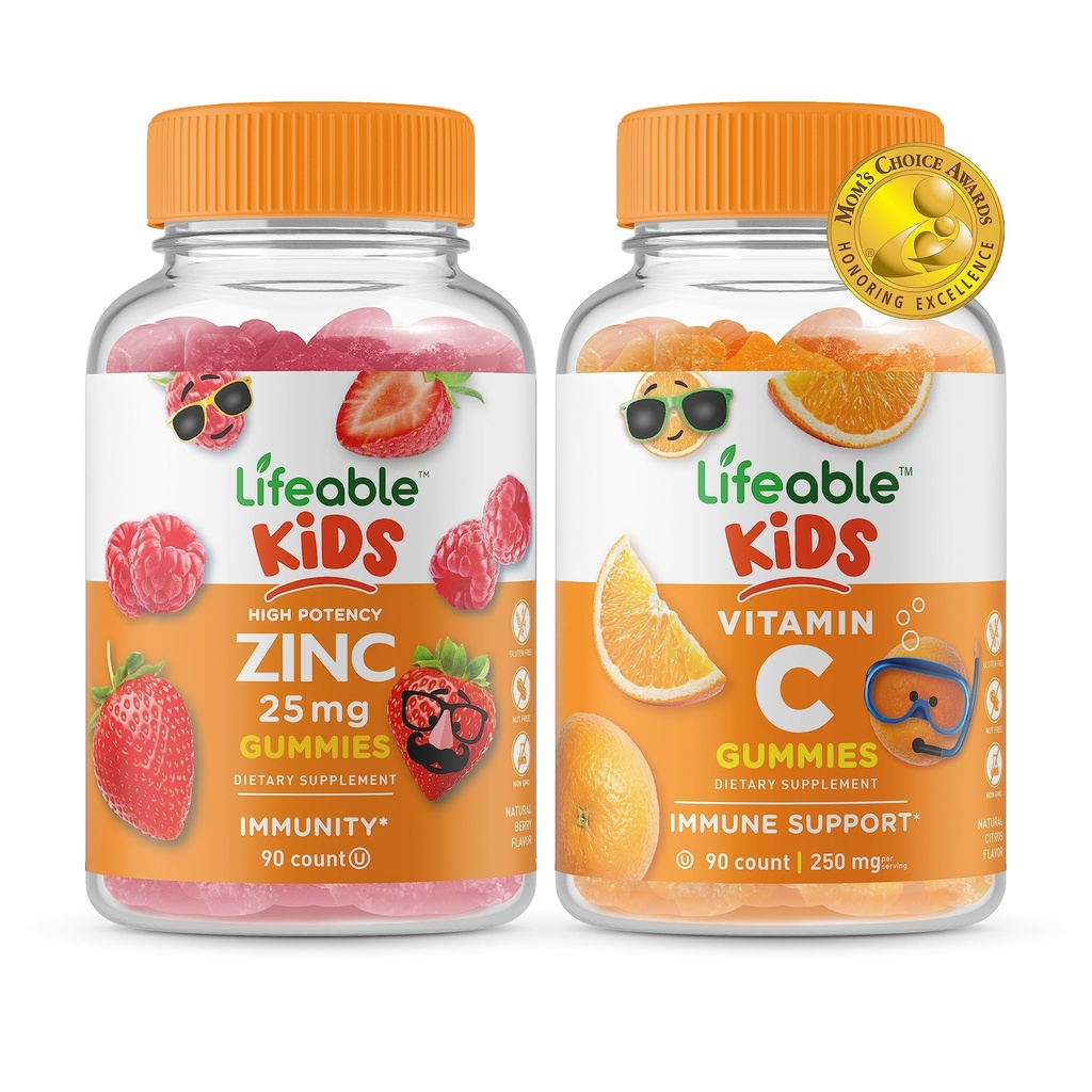 Zinc Lifeable 25mg Enfants + Vitamine C Enfants, Gommies Bundle - Grande dégustation, supplément de vitamine, sans gluten, sans OGM, gommy à croquer