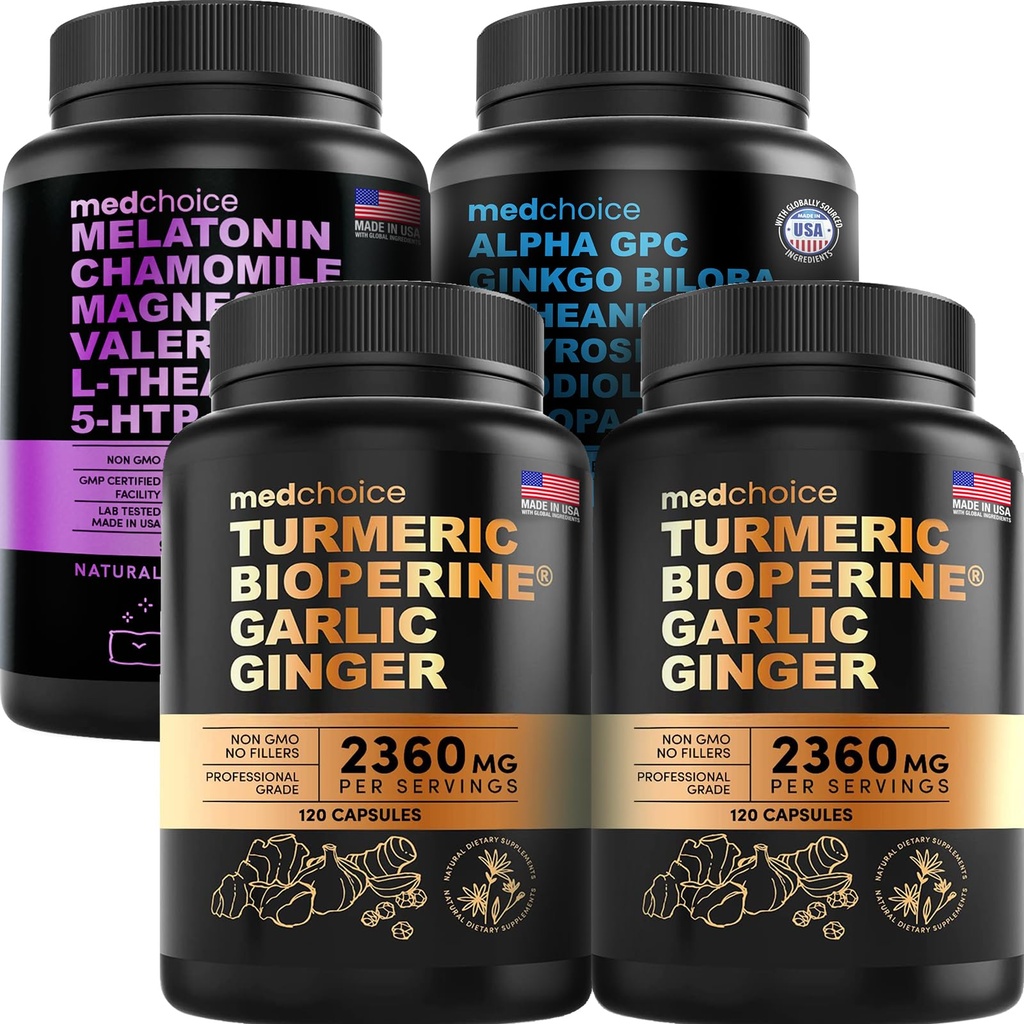 MEDCHOICE Turmeric & Ginger (240ct), Sleep Melatonine (90ct) et Cerveau Nootropique (60ct) Supplément Ensemble - Wellness Trio pour le cerveau, le sommeil et le soutien immunitaire - Vegan, non-OGM, sans gluten