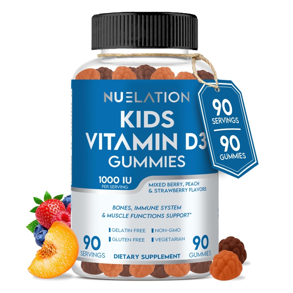 Kinder Vitamin D Gummies (90 Tage Versorgung) Vitamin D3 für Kinder (1000IU) zur Unterstützung von Strucutre, Muskelfunktionen und Immunsystem. Leckeres und vegetarisches Vitamin D