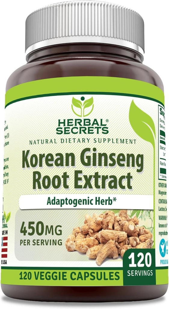 Herbal Secrets Korean Ginseng Root Extract 120 Veggie Capsules Supplement | Non-GMO | Gluten Free | Made in USA