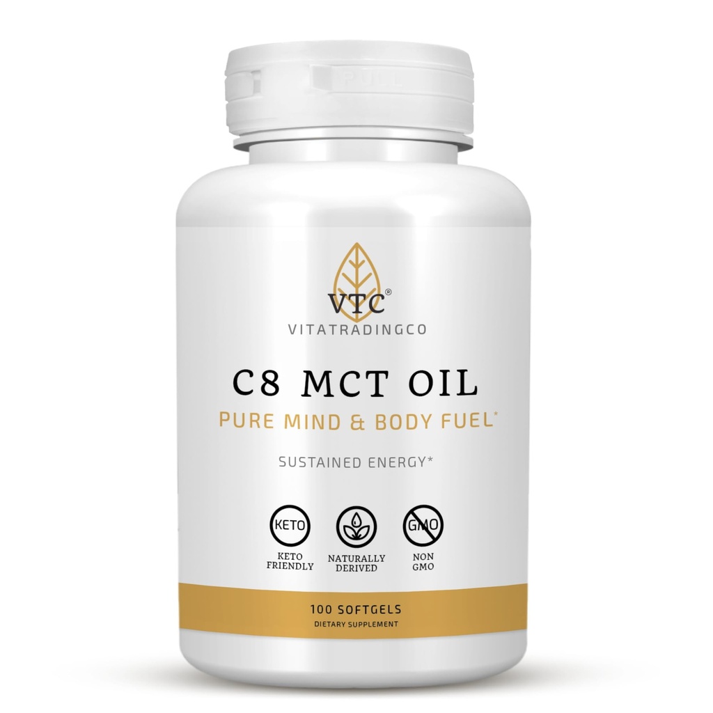VTC VitaTradingCo. C8 MCT Öl Kapseln | Natürlich abgeleitet Caprylic C8 Ergänzung | Kokosöl Pillen | Sustained Energy | Keto Friendly, Non GMO | 100 Softgels