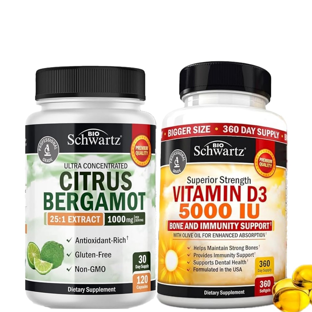Vitamine haute résistance D3 5000 UI 125 mcg (1 an d'approvisionnement) Supplément de 1000mg de agrumes Bergamote (1 mois d'approvisionnement)