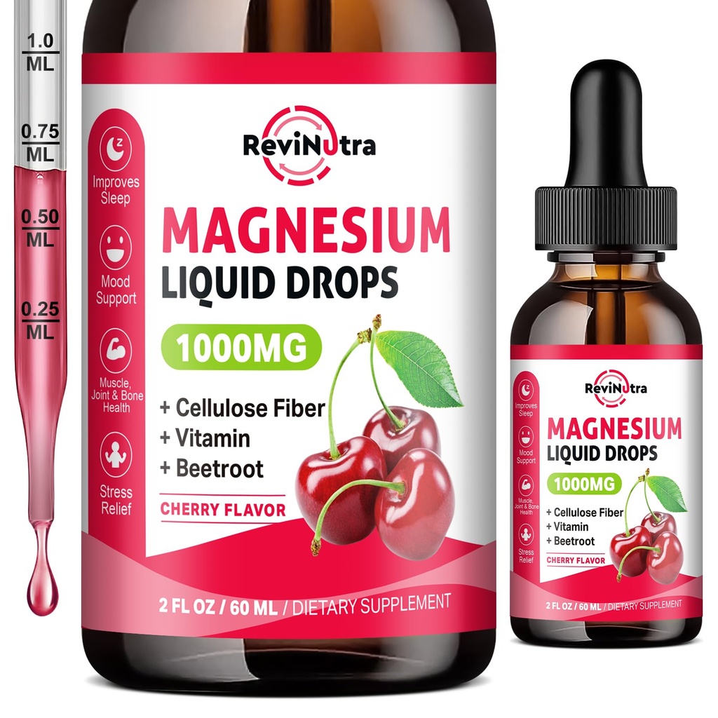 Glycinat de magnésium gouttes liquides, 1000mg Glycinat de magnésium, Citrate et Taurate avec fibre, Beetroot, Vitamine B & C pour le sommeil, Calme, Muscle, Énergie et Relaxation, 2 Fl Oz, Saveur de cerise sans sucre