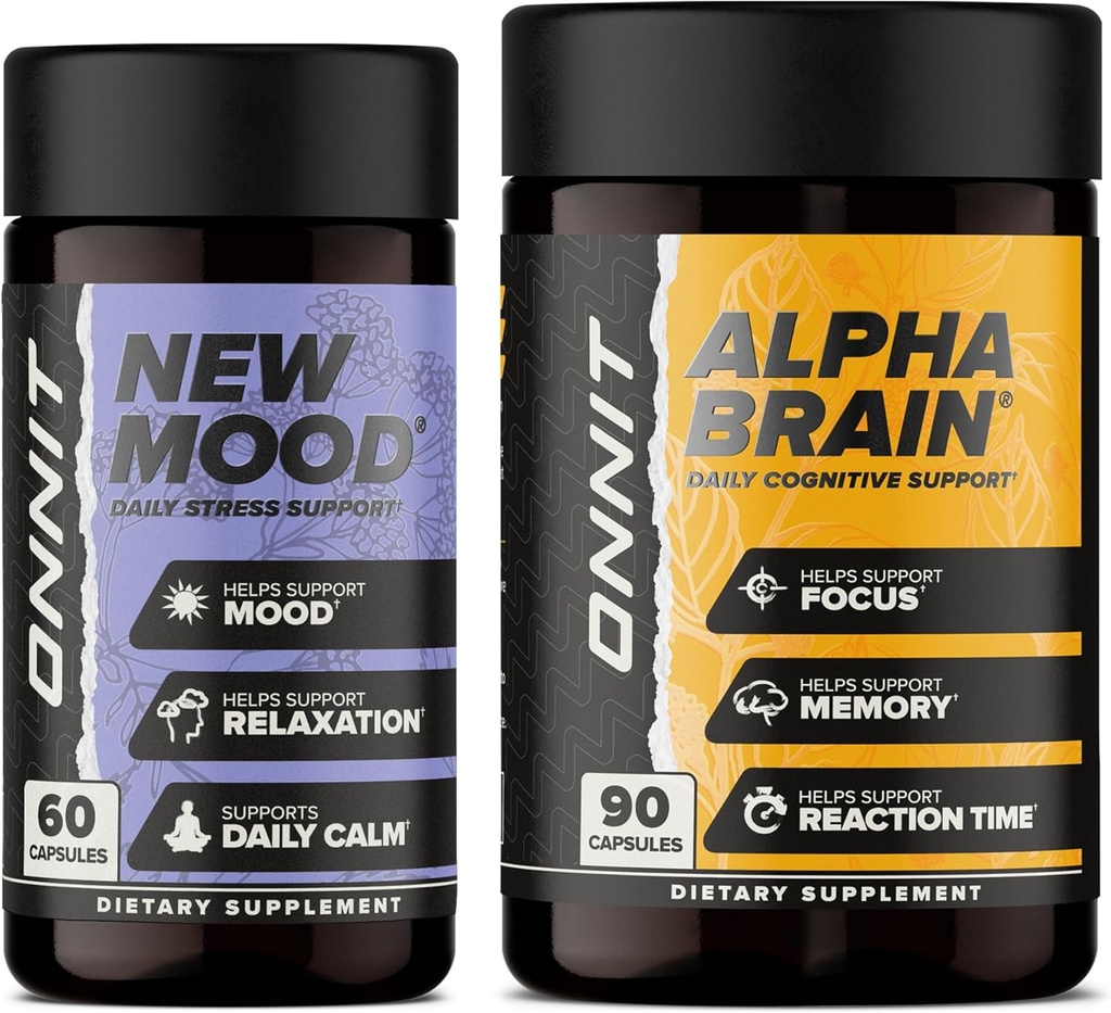 ONNIT Premium Alpha Brain Bundle - Nootropic Brain Supplement (90 Count) für Fokus, Konzentration & Speicher + Neue Mood Ergänzung für Stress Relief, Schlaf und Stimmung (60 Count)