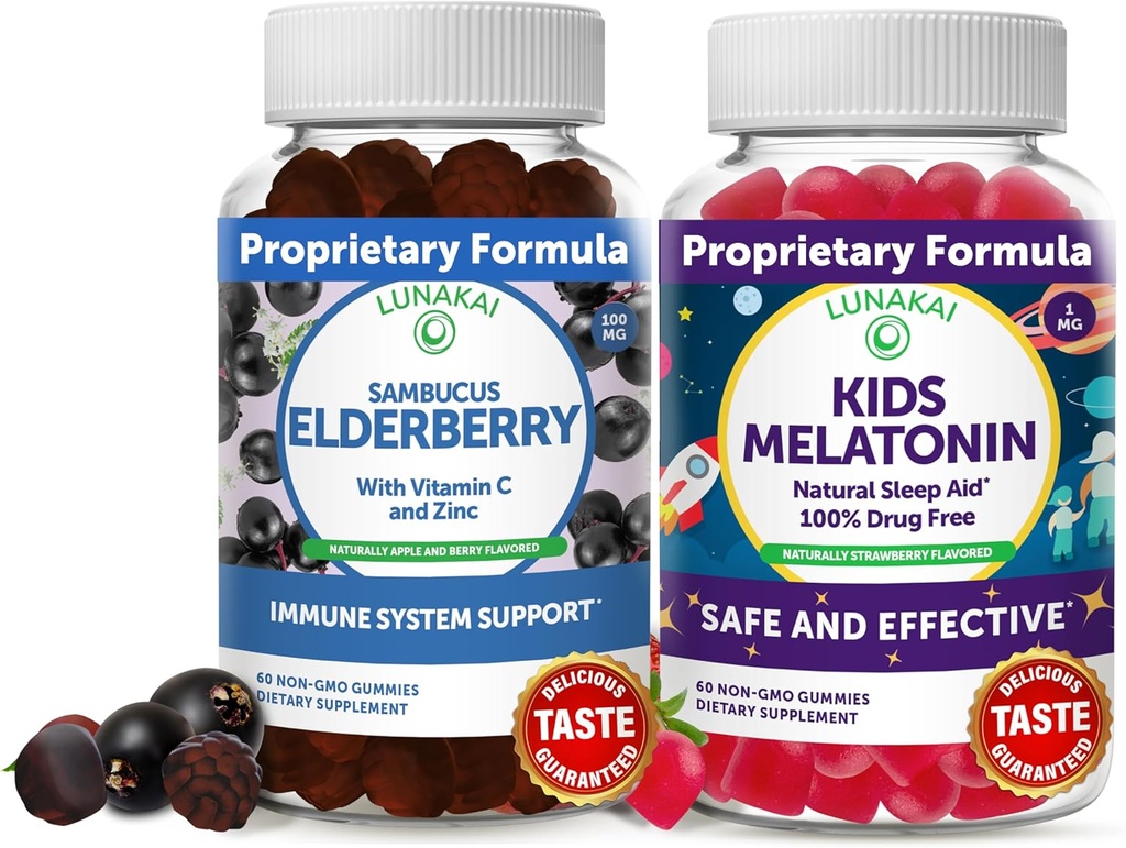 Lunakai Adult Elderberry und Kinder Melatonin Gummis Bundle - Immununterstützung mit Zink und Vitamin C für Erwachsene & Kinder - Non-GMO, Vegan, Gluten Free Natural Sleep Gummy