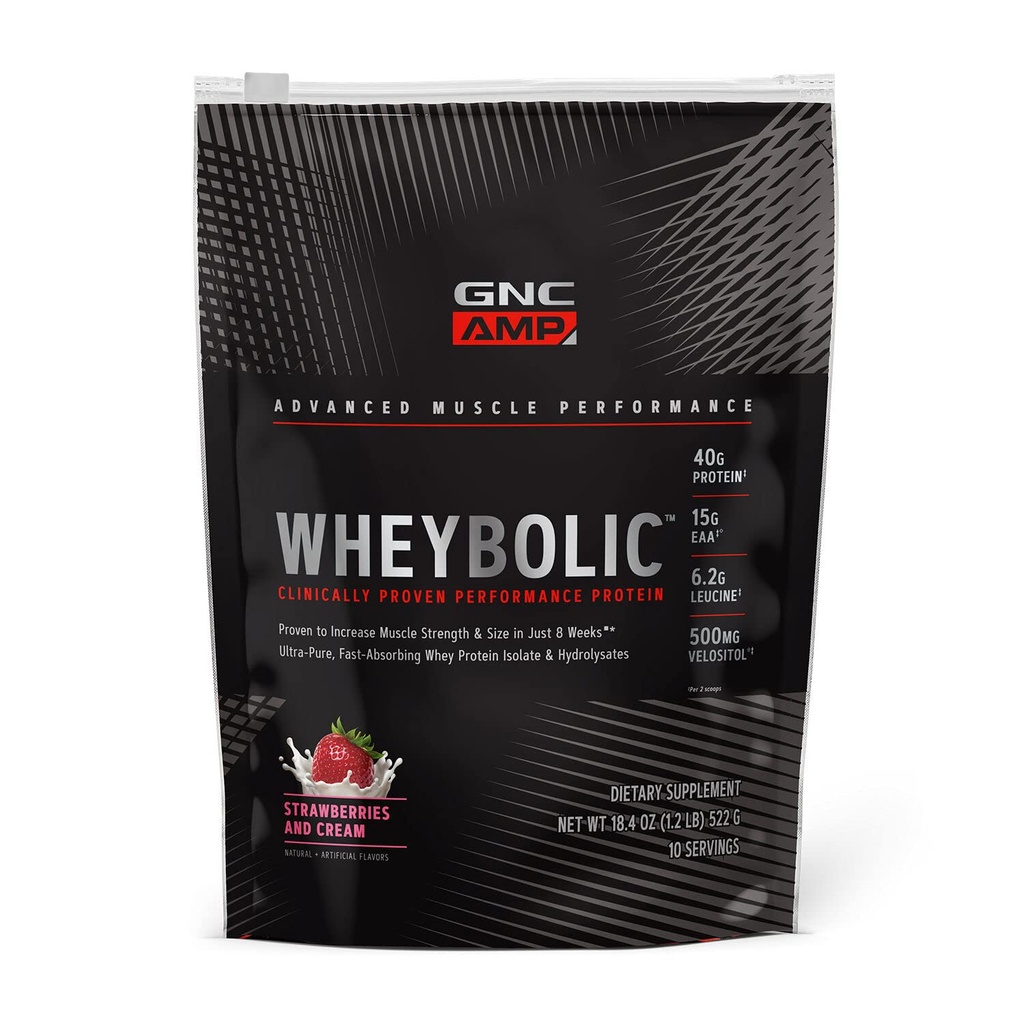 GNC AMP Poudre de protéines éprouvées cliniquement, 40g de protéines de lactosérum, BCAA, Leucine, Augmente la force musculaire, Bâtiment musculaire, 3e partie testée, sans gluten, fraises et crème, 10 portions