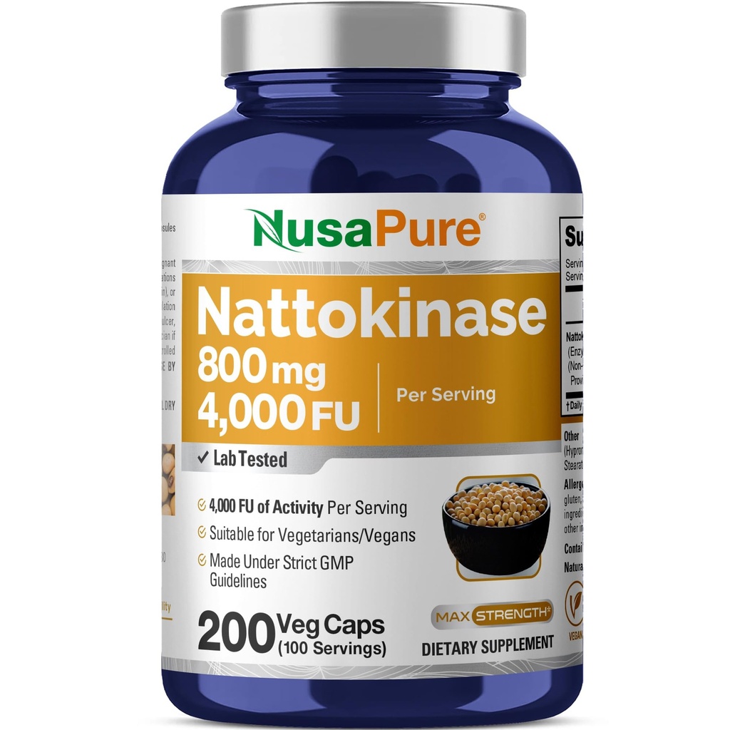 NusaPure Nattokinase 4000 FU 800mg, 200 Capsules de Veggie (Vegan, non-OGM)