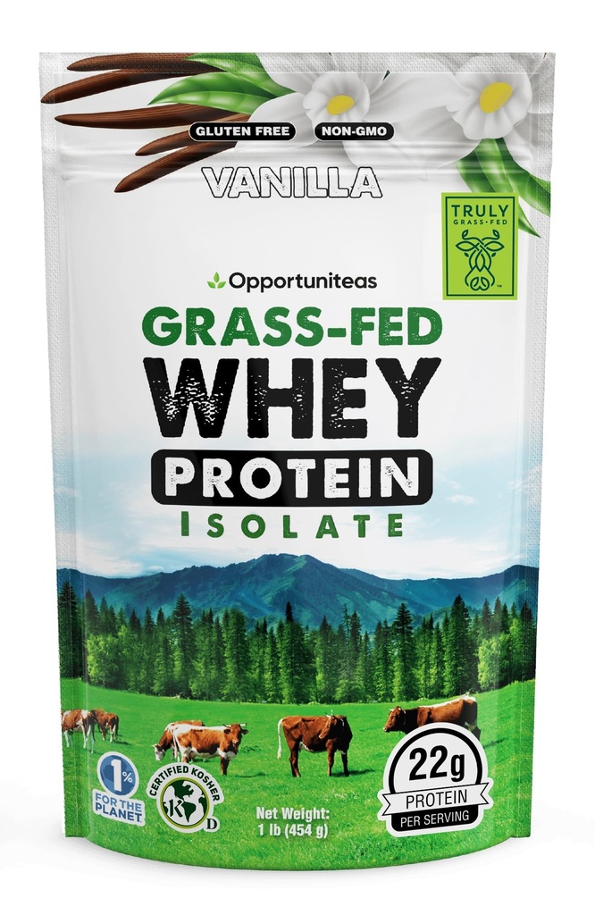 Opportuniteas Poudre Isolée aux protéines de Vanille de l'herbe - 22g Poudre de protéines sans édulcorants artificiels, vaches sans hormones, non OGM - 1lb