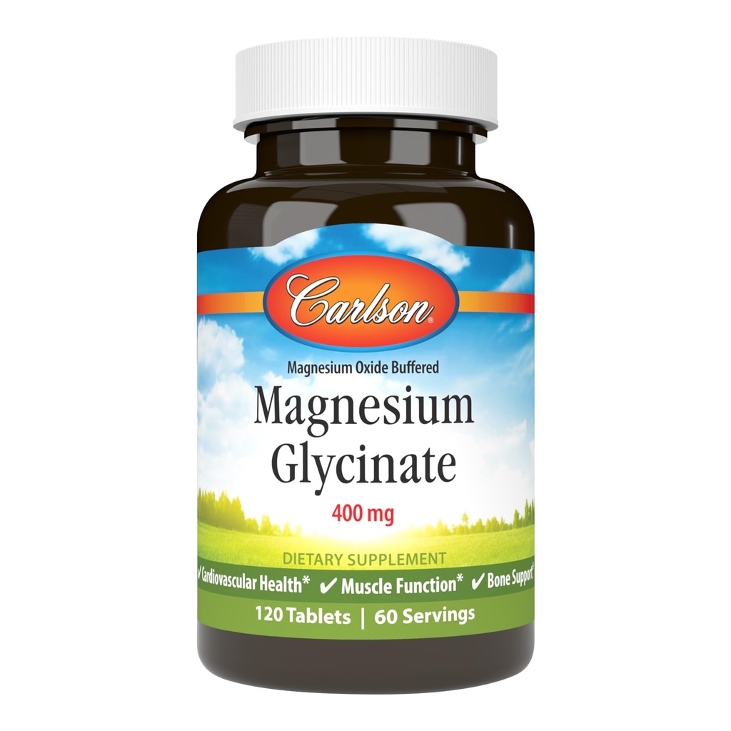 Carlson - Glycinate de magnésium, 200 mg, Absorption supérieure, Santé cardiaque, Fonction musculaire, Soutien osseux, 120 comprimés
