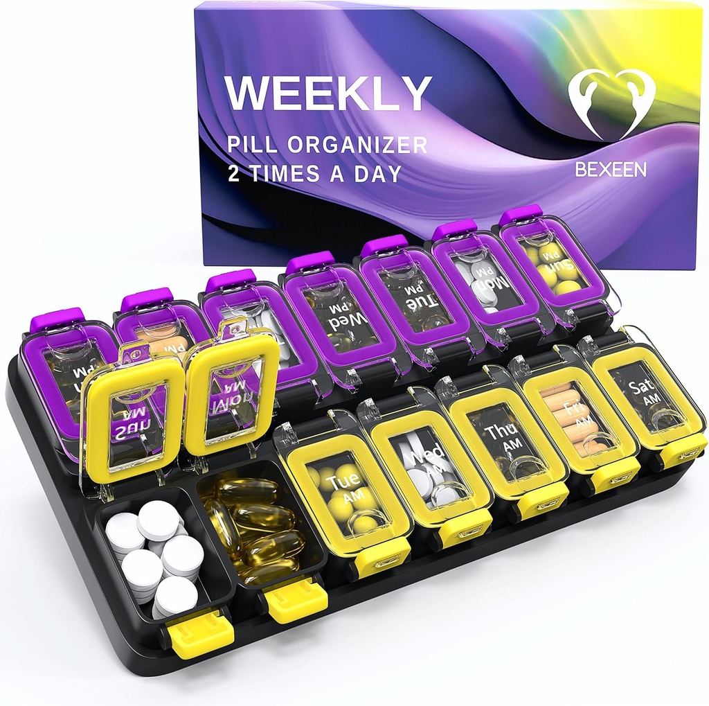 Extra große wöchentliche Pille Organizer 2 Mal pro Tag - luftdichte Pille Box 7 Tag - Am Pm Vitamin Case - Medizin Container Zwei Wochen Supplement Halter Tägliche Medikamentenspeicher zweimal Med XL Gelb/Purple