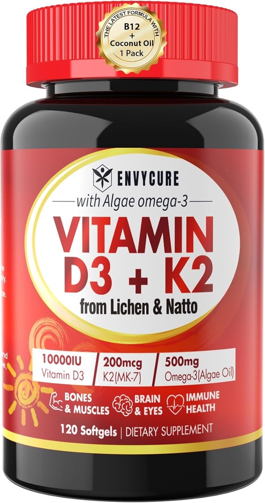 Pflanzenbasiertes Vitamin D3 K2 Supplement Softgel - Vit D3 10000 Iu + Vitamin K2 Mk7 200 Mcg, Algae Omega-3, Magnesium, Vitamin B12 für Knochen & Muskel, Immununterstützung, Max Absorption, leicht zu schlucken 1pack