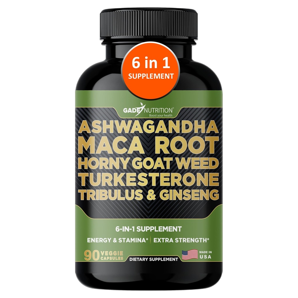 Gade Nutrition Ashwagandha mit Maca Root, Horny Goat Weed, Turkesterone Supplement, Tribulus Terrestris, Panax Ginseng | 90 Gemüsekapseln für Energie, Stamina, Performance.