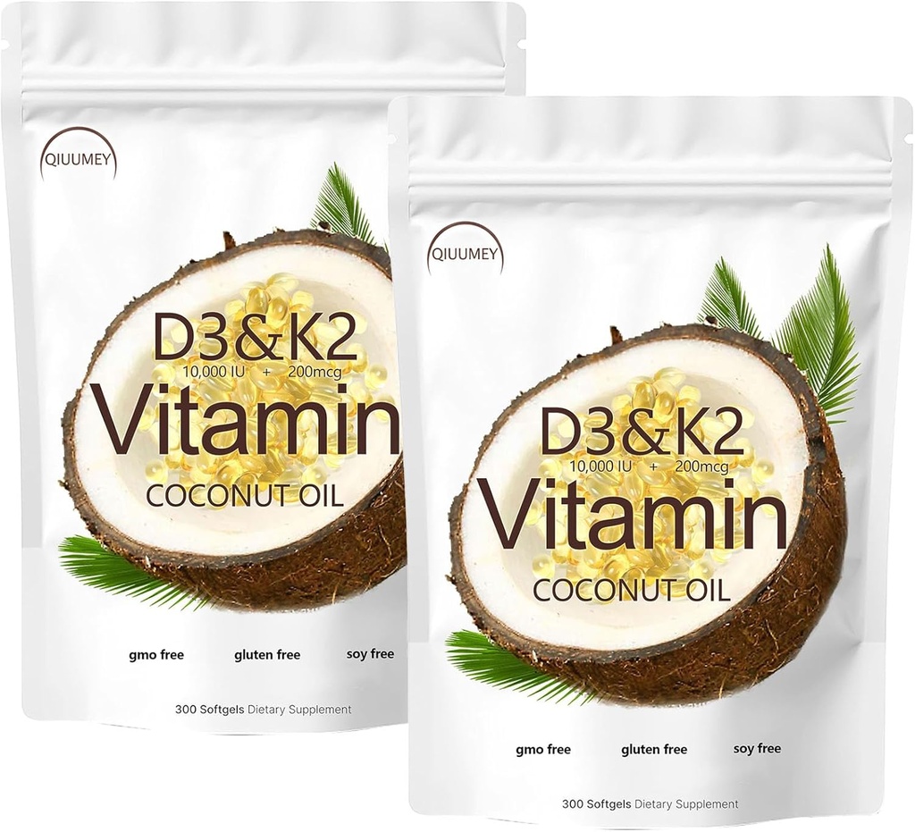 D3 + K2 Kokosöl Weichgele, Vitamin D3 10000 iu Plus K2 (MK-7) 200 mcg, Vitamin D3 K2 Supplement Weichgele, Replenish Vitamin D3 K2 Kokosöl Weichgel 300 Gele