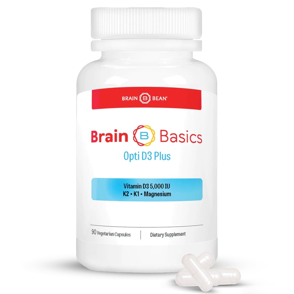 Brain Basic Opti D3 Plus - Vitamin D3 5000 IU mit K1, K2 und Magnesium - Brain Support Supplement für Stimmung, Geist, Gedächtnis - Knochen, Muskeln und Immungesundheit - Glutenfrei, Sojafrei und Dairyfrei