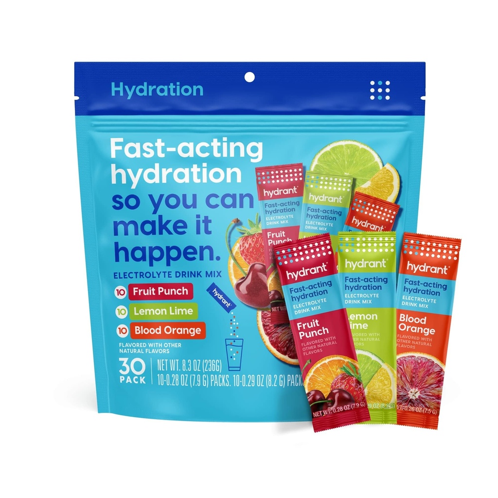 Hydratant - Pack de variétés de poudre d'hydratation, 30 packs individuels de réhydratation des électrolytes instantanés - Mélange à faible teneur en sucre pour usage quotidien, voyages et séances d'entraînement