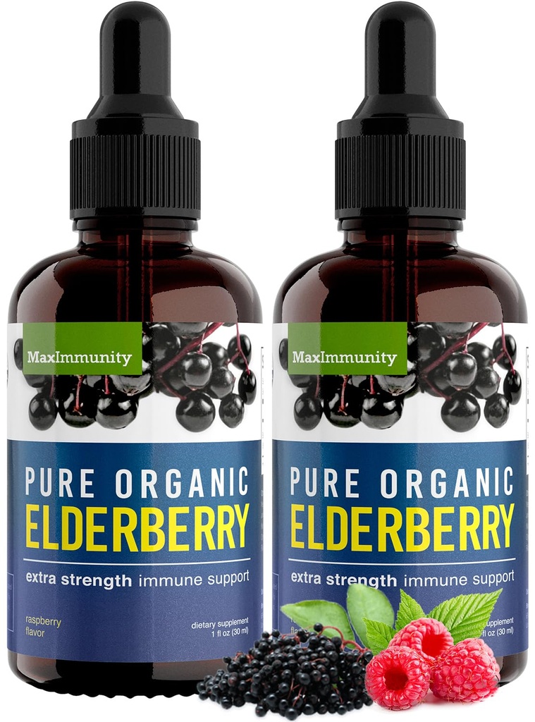 Organic Elderberry Syrup, 60-Tage-Versorgung, schwarze Flüssigkeitstropfen für Immununterstützung, Sambucus Elderberry Syrup - Flüssige Extrakt Tropfen für Kinder & Erwachsene - Extra Strength (2 Pack)