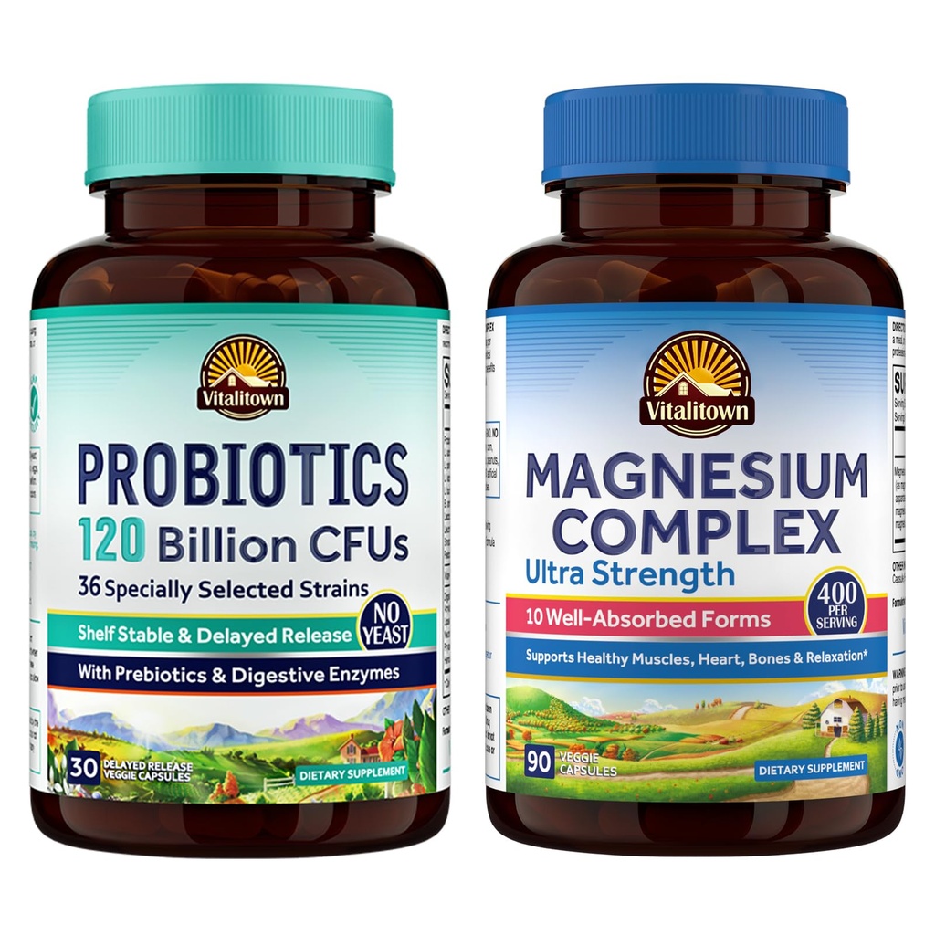 Vitalitown Probiotic + Magnesium Bundle (Pack von 2) | Probiotics 120 Billion (Item 1) & 6-in-1 Magnesium Complex (Item 2) | Gut, Knochen, Muskel, Schlaf Gesundheit | Vegan | 30 Kapseln & 120 Kapseln