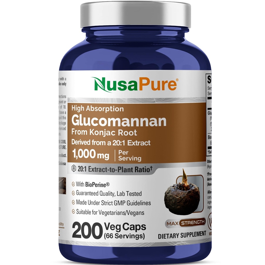 NusaPure Glucomannan 1000 mg par portion de 200 gélules (BioPerine, non OGM, végétalien) Racine de Konjac