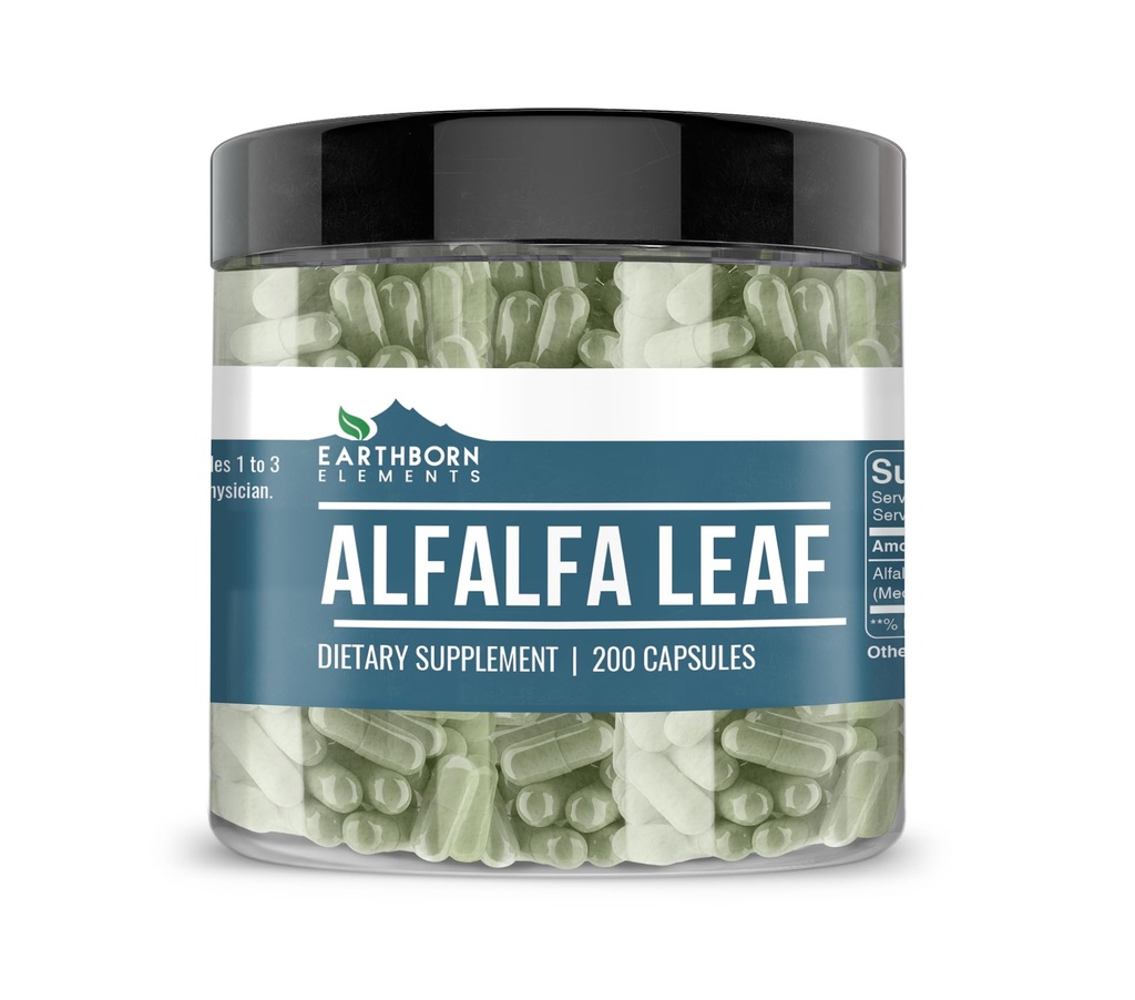Éléments terriens Alfalfa Leaf 200 Capsules, pures et non diluées, sans additifs