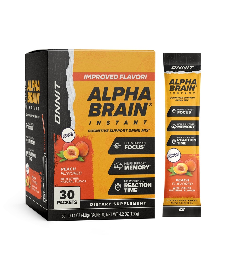 ONNIT Alpha Cerveau Flavor instantané de pêche - Supplément mémoire boosteur de cerveau nootrope - pour Focus, Energy & Clarity - Alpha GPC Choline, Cats Claw, L-Theanine, Bacopa - 30ct