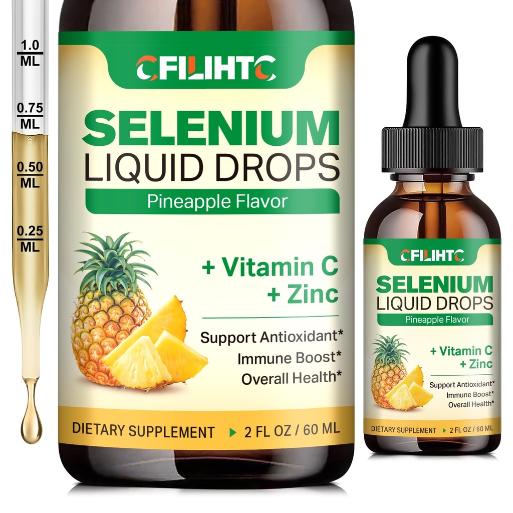 Selen-Flüssigtropfen, 200mcg Flüssiges Selen-Zusatz mit Vitamin C & Zink, Unterstützung für Immunsystem, Antioxidans & Herz Gesundheit, hohe Absorption, Ananas-Flaschen, 2 Fl Oz