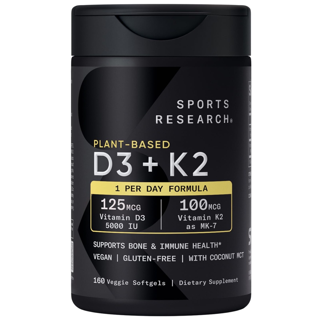 Sportforschung Vitamin D3 K2 mit 5000iu pflanzlicher D3 & 100mcg Vitamin K2 als MK-7, Non-GMO Verified & Vegan Certified - 160 Liquid Softgels