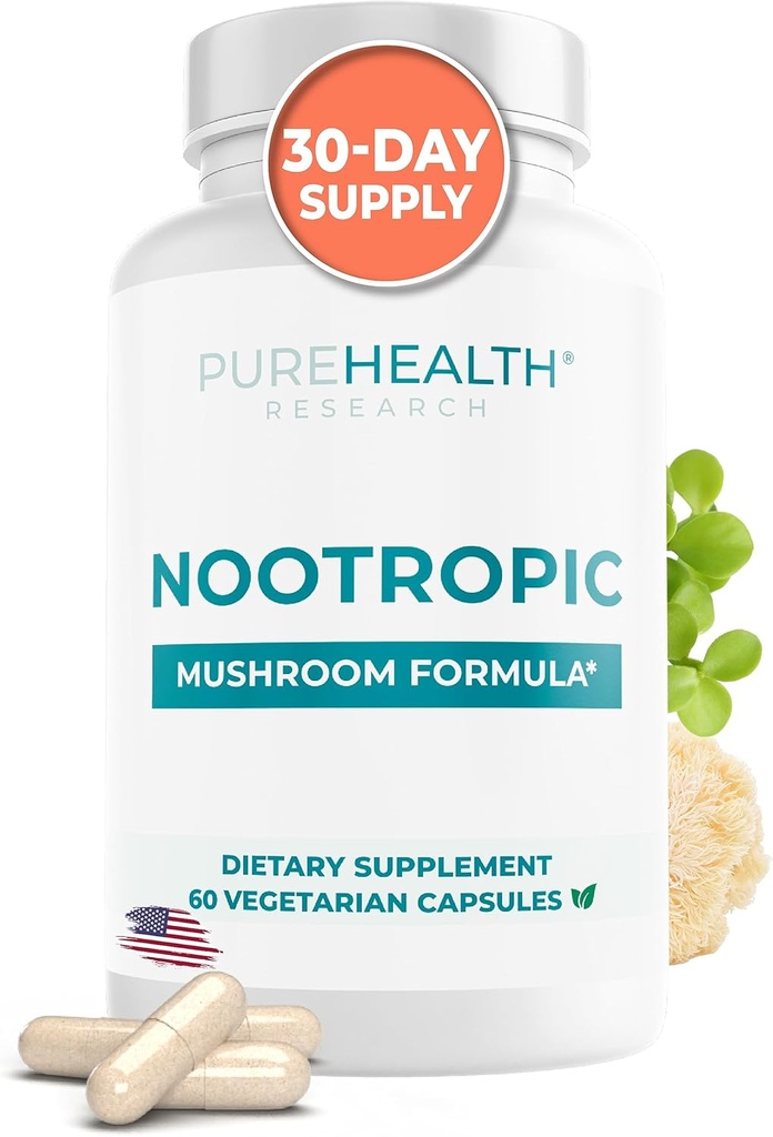 Nootropics Mémoire Cerveau et Supplément Focus - Lions Mane, Shiitake, Chaga, Reishi Poudre de champignons - Améliorer la santé cognitive avec Bacopa Monnieri et Gingko Biloba Extrait , 60 Capsules