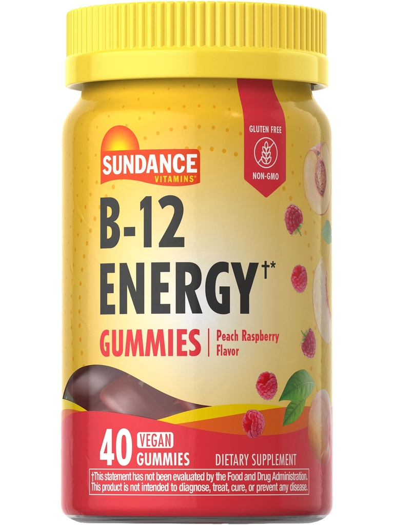 Sundance Vitamin B-12 Energy Gummis | 40 Count | Peach Raspberry Flavor | Vegan, Non-GMO und glutenfreie Ergänzung