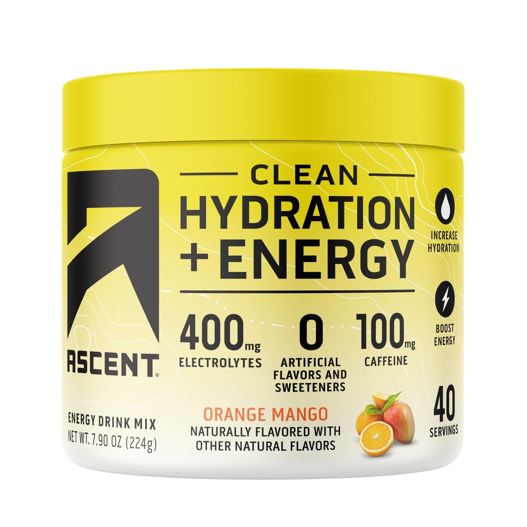Poudre pour électrolytes - 100 mg de caféine, 400 mg d'électrolytes, sans ingrédients artificiels, mangue orange 40 portions