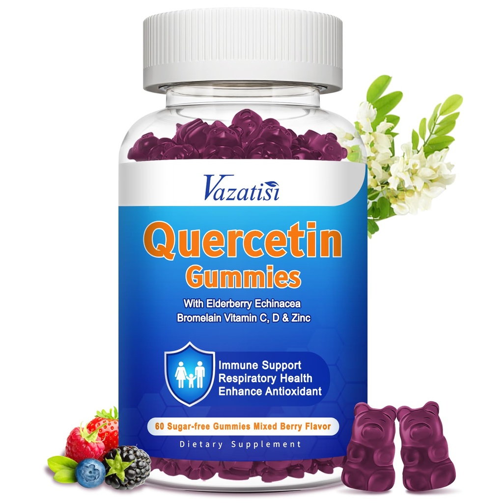 Quercetin mit Bromelain Gummies, Quercetin 1200MG mit Vitamin C Zink & Elderberry für Immunsystem & Allergy, Chewable & Vegan Gummies, 60 Cts