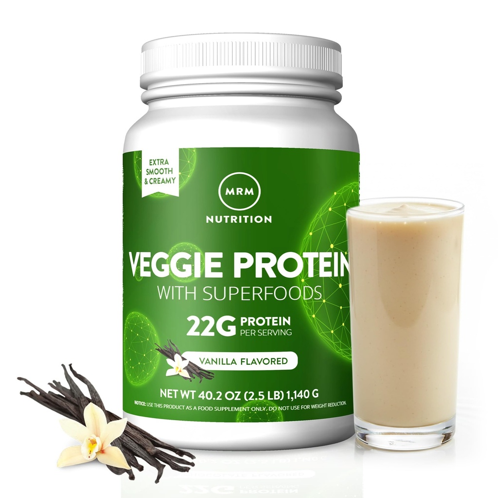 MRM Nutrition Veggie Protéine avec Superfoods (en anglais seulement) Vanilla Flavored (en anglais seulement) 22g Protéine complète (en anglais seulement) Plus de 8,8g Acides aminés essentiels (en anglais seulement) 13 superfoods (en anglais seulement) avec Omega 3s et Omega6s (en anglais seulement)