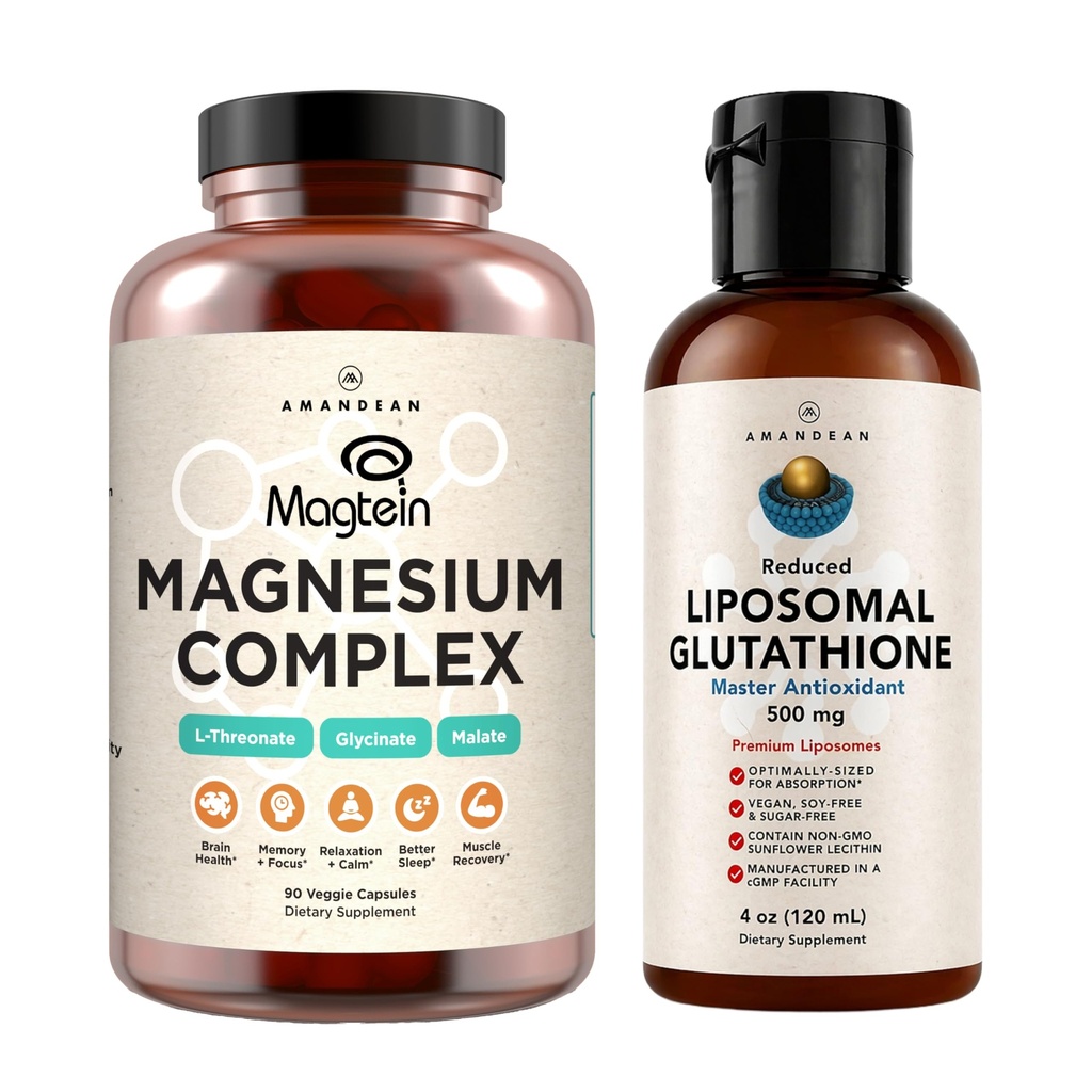 AMANDEAN Premium Glutathion liposomique et complexe de magnésium. Antioxydant. Liquid Setria. Thréonate de magnésium, de glycinate et de malate à haute absorption. Santé du cerveau et du foie. Mémoire, concentration et sommeil