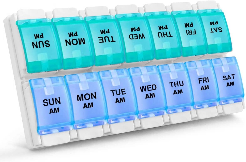 Sukuos AM Weekly 7 Day Pill Organizer, 2 mal ein Tag Pille Box mit Arthritis Friendly Push Button, Medizin Fälle für Vitamin/Fish Oil/Supplements, einfach zu reinigen (Cyan&Blue)