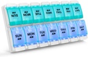 Sukuos AM Weekly 7 Day Pill Organizer, 2 mal ein Tag Pille Box mit Arthritis Friendly Push Button, Medizin Fälle für Vitamin/Fish Oil/Supplements, einfach zu reinigen (Cyan&Blue)