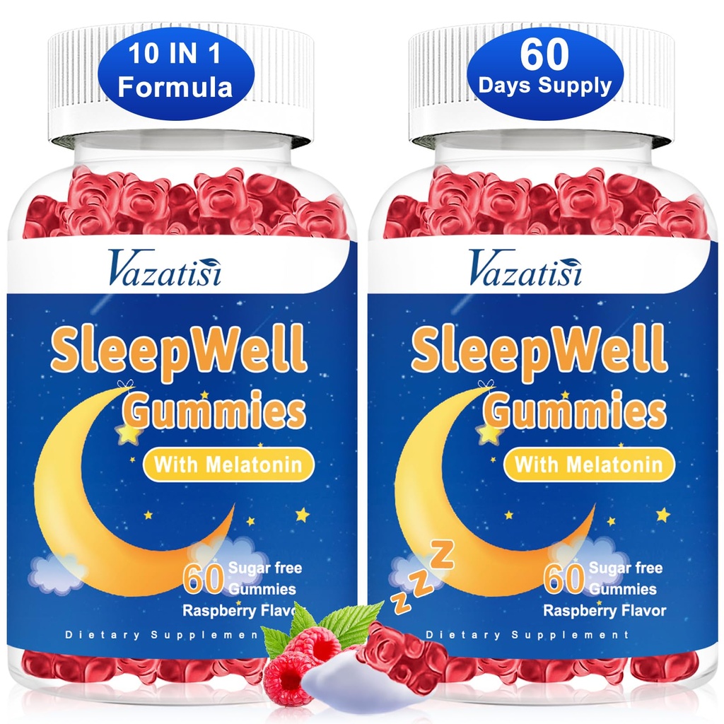 Gummies de sommeil pour les adultes et les enfants - Sans sucre Mélatonine Gummies avec Magnésium, L-Theanine, Vitamine B12, Vegan - Aromatisé aux framboises, 120 Cts