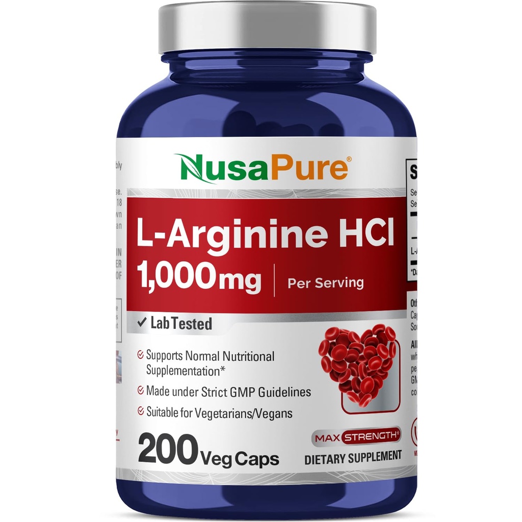 NusaPure L-Arginine 1000 mg 200 Capsules de légumes (non OGM, végétarien, végétalien)