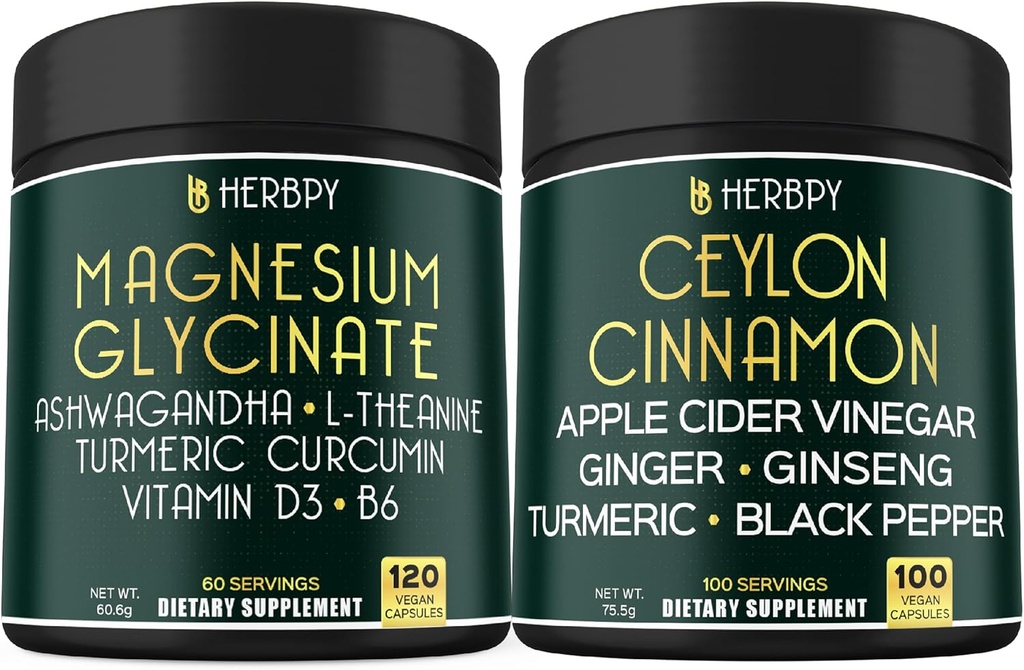 Bundle 6in1 Magnesium Glycinate Ergänzungen & 6in1 Premium Ceylon Cinnamon Ergänzungen - Erholung, Restauration Tag & Nacht, Immune, Herz, Verdauung & Body Balance Unterstützung