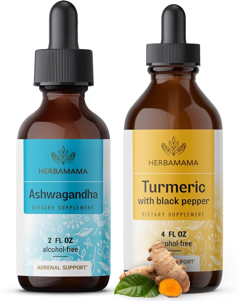 HERBAMA Herbal Liquid Drops Kit - Bundle von Ashwagandha Root Extract & Turmeric mit schwarzem Pfeffer Tincture 2 fl oz - Vegan, Non-GMO, Zucker & Alkoholfrei - 2 Pack