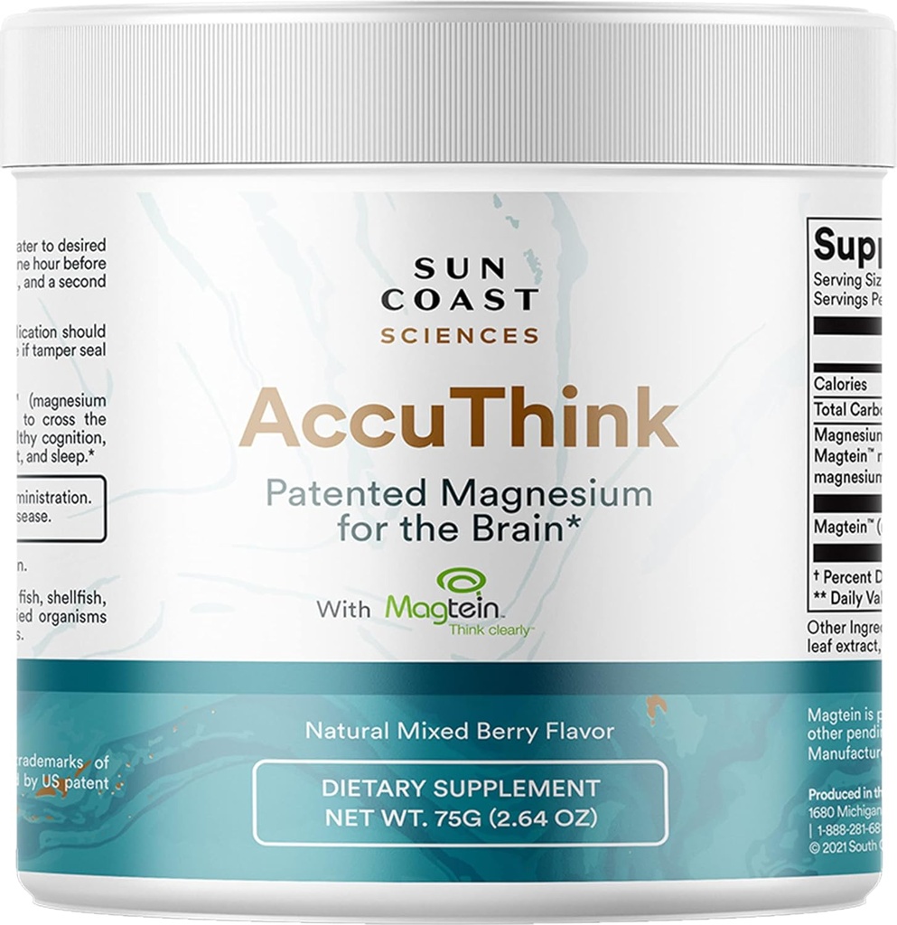 Sun Coast Science Sun Coast Sciences AccuThink - Patentiertes Magnesium Gehirn - 2.64oz Memory Supplement Gehirn Gesundheit, Schlaf, Mood Boost - Kognitive Unterstützung Supplement Magnesium Threonate Vitamin C