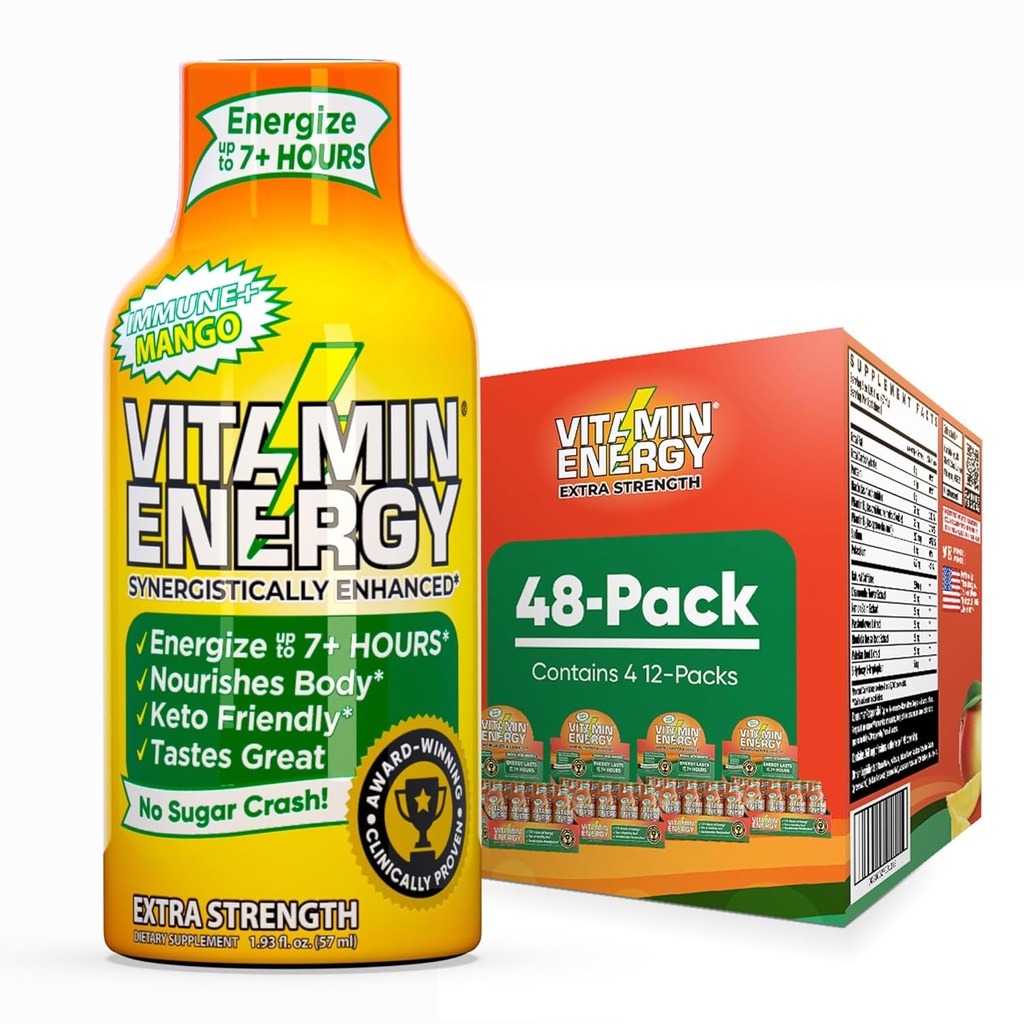 Vitamin Energy Immune+ Extra Strength Energy Shot Mango 48 Pack, 260mg Natürliche Koffein, B-Vitamine, Citicoline, Grüner Tee, Immunität und Fokus-Unterstützung, Zero Sugar, Glutenfreie 1.93 fl oz