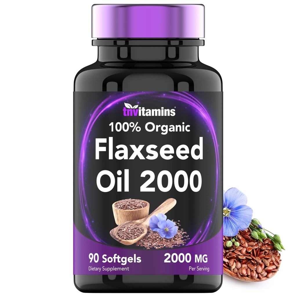 tnvitamines Huile de lin biologique Softgels: 2000 mg - 90 Softgels Extrême en acides gras oméga-3 Exclusivité supplément huile de lin pour les femmes et les hommes Non-OGM